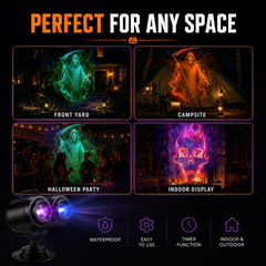 The same projector throwing a haunted scene on a house wall, a campsite tent, a party wall and an indoor display
