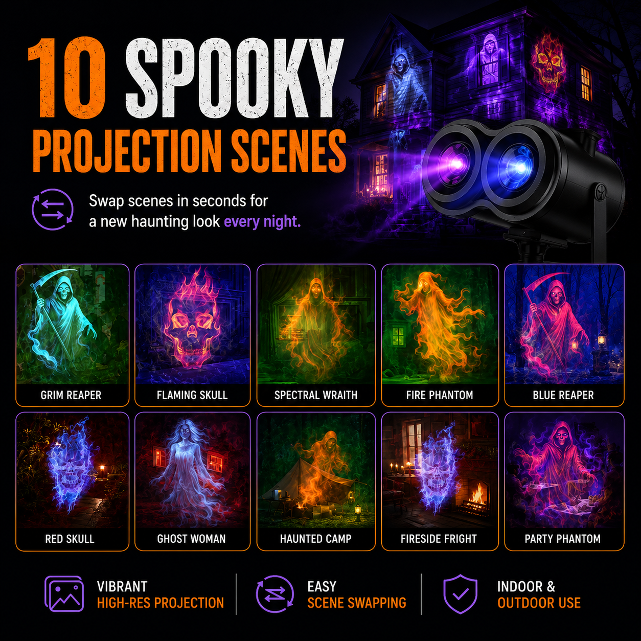 Grid of the ten projection scenes supplied with the light, each on its own card