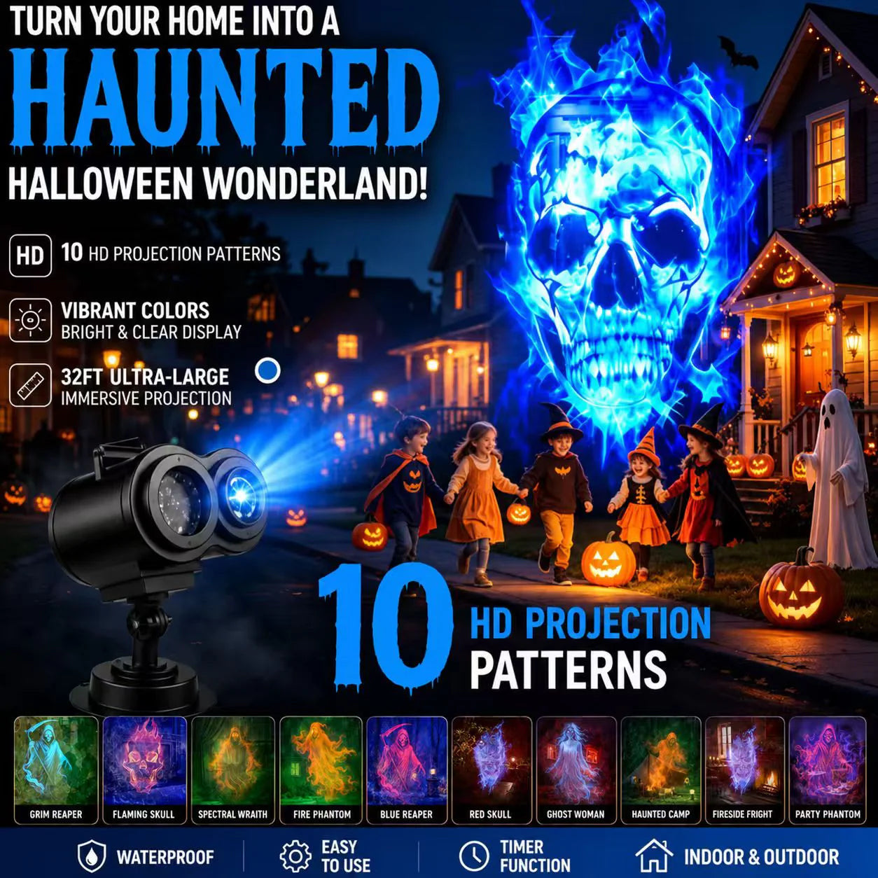 Haunted yard projector light throwing a blue flaming skull up to 32 feet wide across the front of a house at Halloween