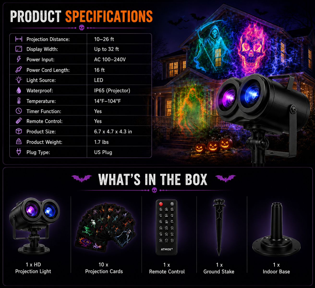 Product specification card for the projector and what is in the box: the light, ten scene cards, a remote control, a ground stake and an indoor base