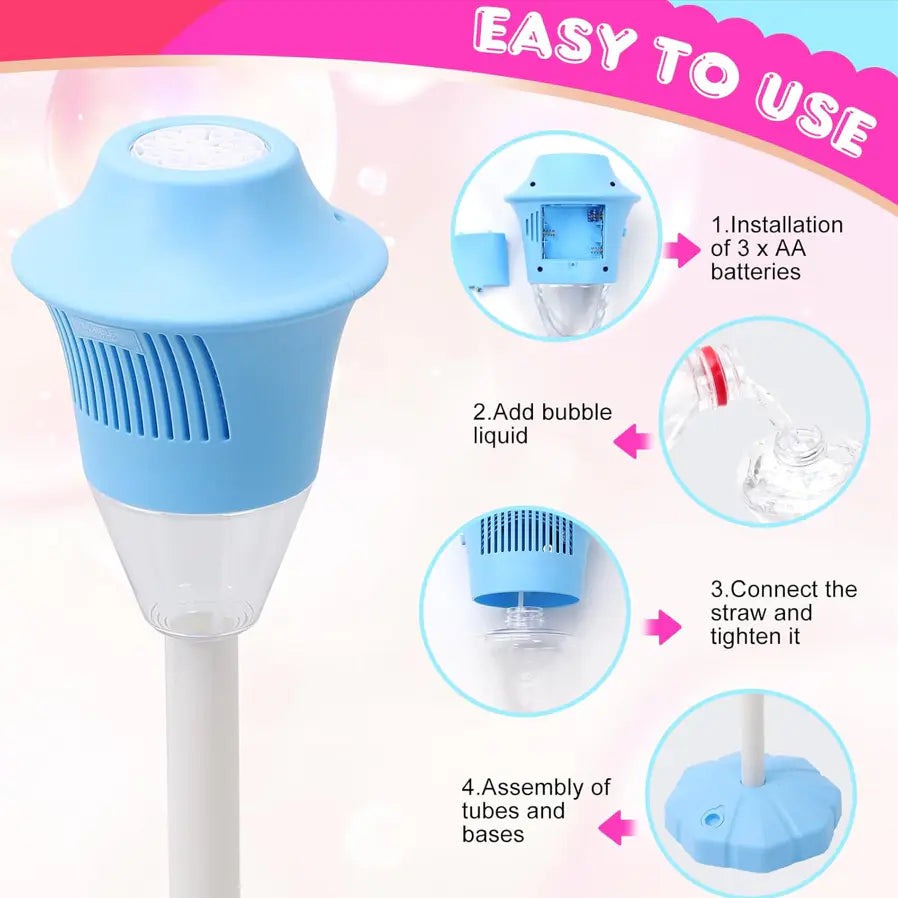 Four numbered panels showing how to use it: fit three AA batteries, add bubble liquid, connect and tighten the straw, assemble the tubes and base