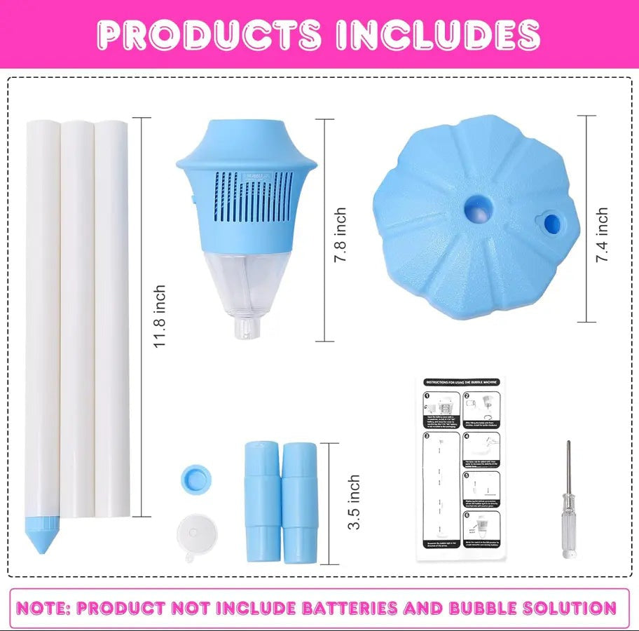 Every part supplied, laid out with its size: three pole tubes, the bubble and lamp head, the lotus base, connector sleeves, straw and instruction card, with a note that batteries and bubble solution are not included