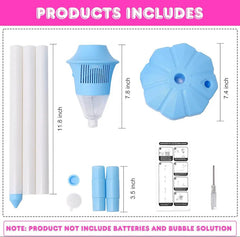 Every part supplied, laid out with its size: three pole tubes, the bubble and lamp head, the lotus base, connector sleeves, straw and instruction card, with a note that batteries and bubble solution are not included