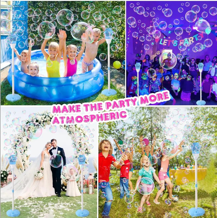A four-scene collage for the bubble torch: a birthday party on the lawn, a pool party, the lamp glowing at an evening party and a wedding aisle