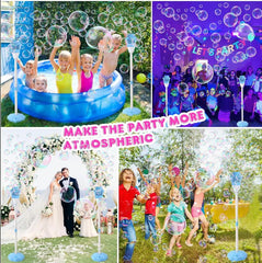 A four-scene collage for the bubble torch: a birthday party on the lawn, a pool party, the lamp glowing at an evening party and a wedding aisle