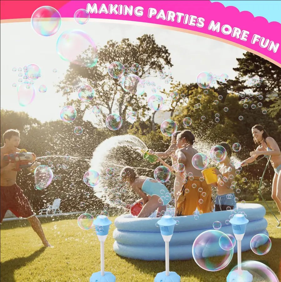 A pool party scene with the blue bubble torch throwing bubbles and the words Making Parties More Fun across the top