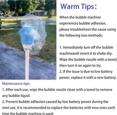 The care panel for the bubble nozzle: how to clear bubble adhesion by shaking it out and wiping the wand, and the maintenance tips on drying and changing batteries