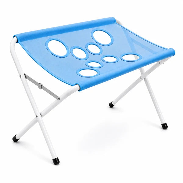 Foldable pet bath and grooming stand, blue surface with leg openings on a folding frame