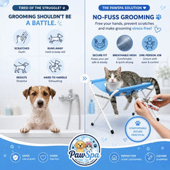 Comparison infographic: grooming on the floor versus on the elevated stand