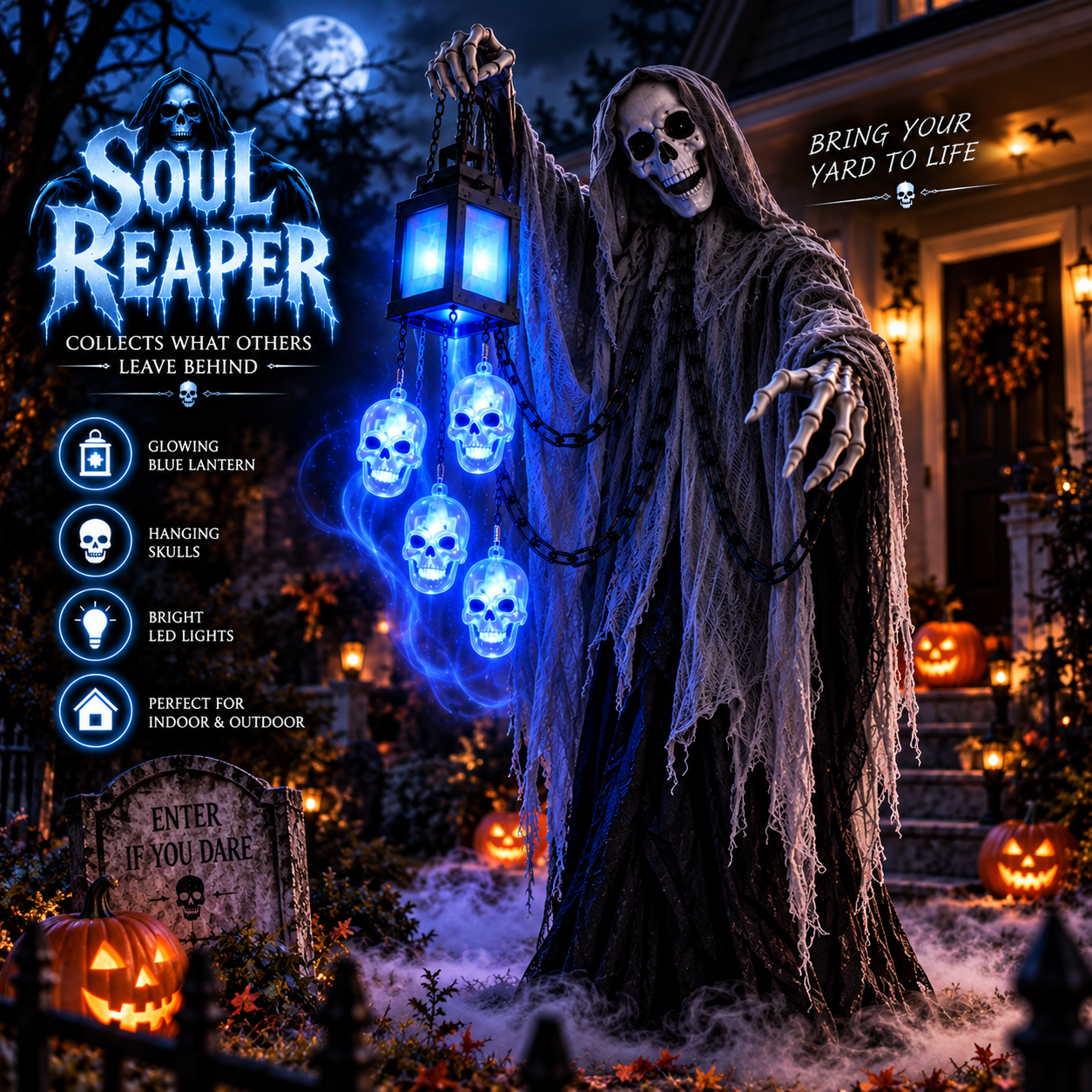 Life size soul reaper standing in a yard at night with a glowing blue lantern and illuminated skulls hanging on chains