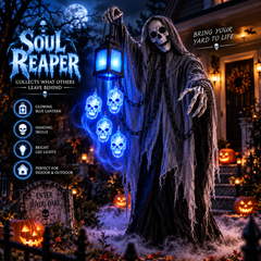 Life size soul reaper standing in a yard at night with a glowing blue lantern and illuminated skulls hanging on chains