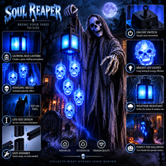 Feature card for the soul reaper decoration: glowing blue lantern, hanging skulls, LED lights, about 5.4 ft (165 cm) tall, tool-free assembly and weather resistance