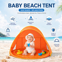 A toddler sitting inside the red striped pop-up beach tent with water in the splash base, feature icons printed around the canopy