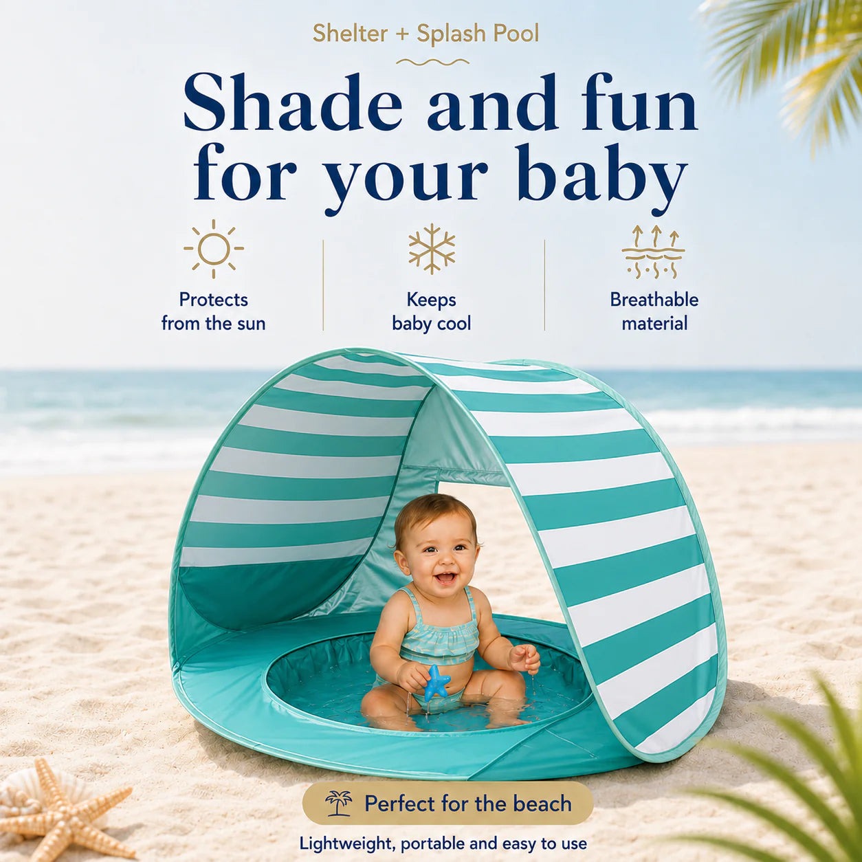A baby paddling in the splash pool under the green canopy on the beach, with icons for sun protection, keeping cool and breathable material