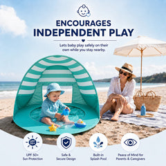 An adult sitting on a towel beside the green tent while a child plays in the splash pool, with icons for UPF 50+, safe design, splash pool and peace of mind