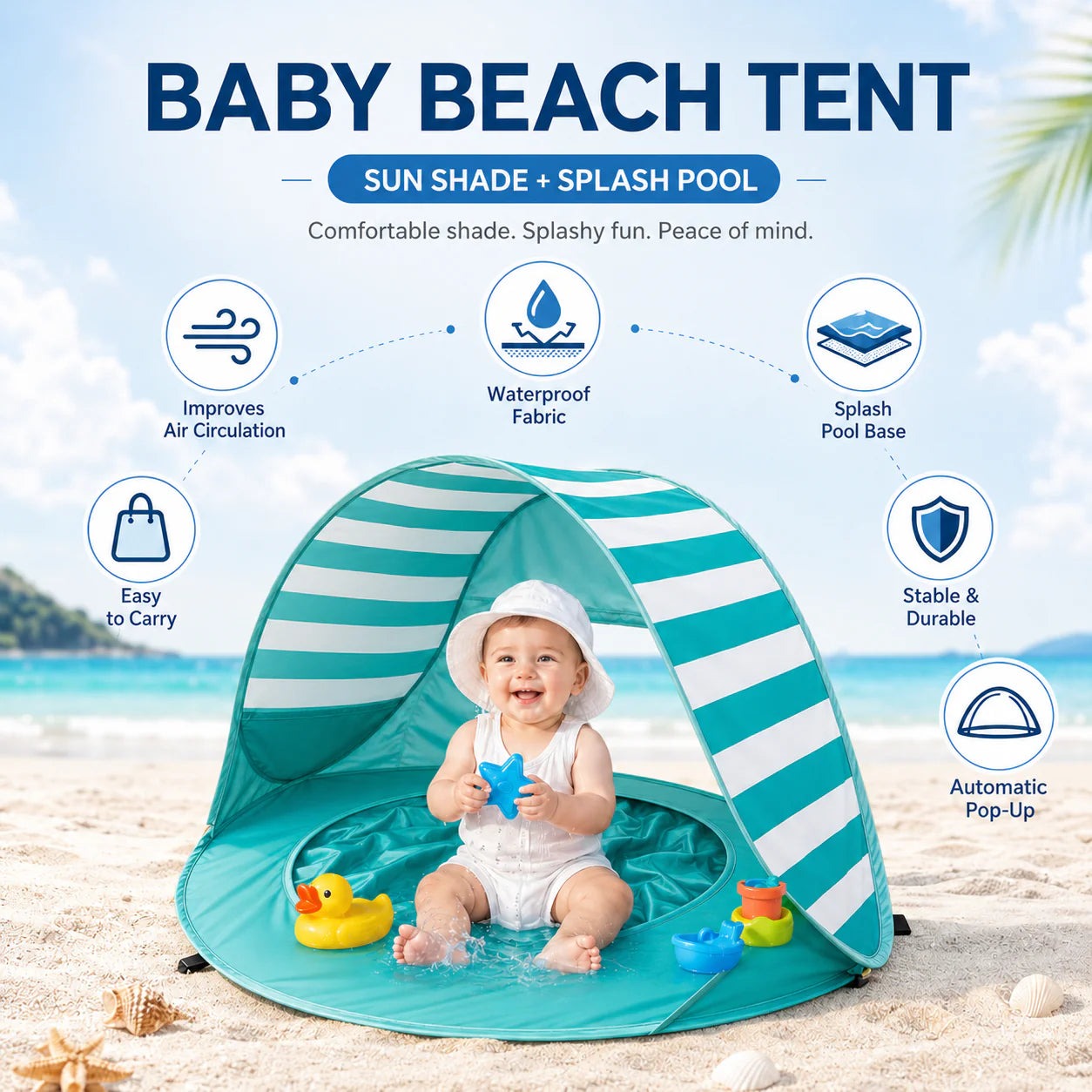 The green tent with a child inside and six callouts: air circulation, waterproof fabric, splash pool base, stable and durable, automatic pop-up and easy to carry