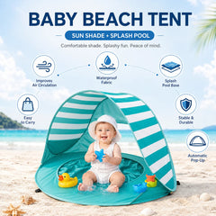 The green tent with a child inside and six callouts: air circulation, waterproof fabric, splash pool base, stable and durable, automatic pop-up and easy to carry