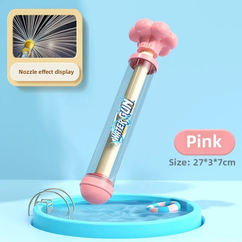 The pink fireworks spray water gun standing in a small paddling pool, marked Pink, with an inset of the fireworks fan its nozzle throws