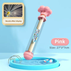 The pink fireworks spray water gun standing in a small paddling pool, marked Pink, with an inset of the fireworks fan its nozzle throws
