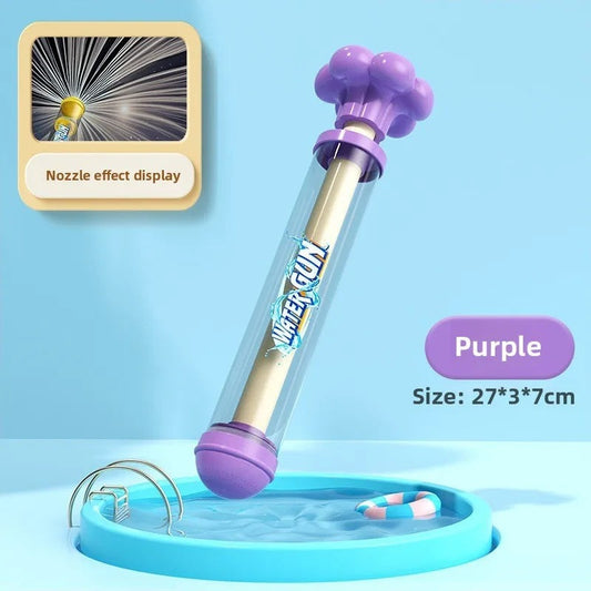 The same water gun in purple, marked Purple, standing in a paddling pool with the nozzle fan shown in the corner inset
