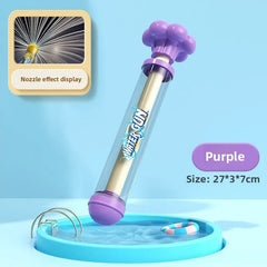 The same water gun in purple, marked Purple, standing in a paddling pool with the nozzle fan shown in the corner inset