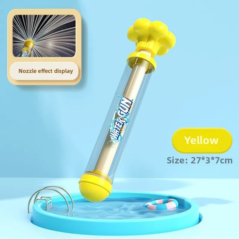 The water gun in yellow, marked Yellow, upright in a paddling pool with the fireworks nozzle effect shown inset