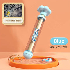 The water gun in blue, marked Blue, upright in a paddling pool with the fireworks nozzle effect shown inset