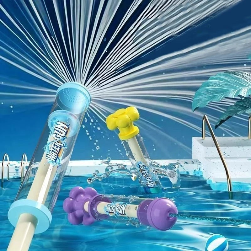 Three fireworks water guns in blue, yellow and purple spraying fans of water across a pool on a summer day