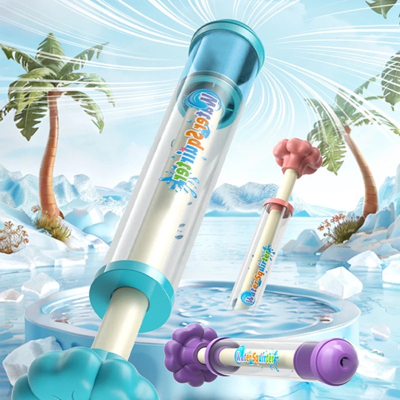 Fireworks water guns at a beach and poolside scene with sand, a paddle and a paddling pool