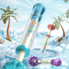 Fireworks water guns at a beach and poolside scene with sand, a paddle and a paddling pool