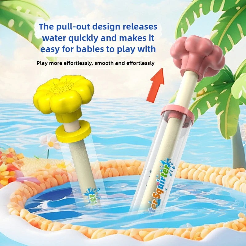 The yellow and pink guns with their handles drawn out to show the pull-out pump that draws water into the clear chamber