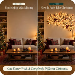 Before and after of the same living room wall, plain on one side and lit with christmas willow branch lights on the other