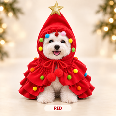 The same dog in the red version of the plush Christmas tree costume with the gold star topper and pom-pom trim, marked Red