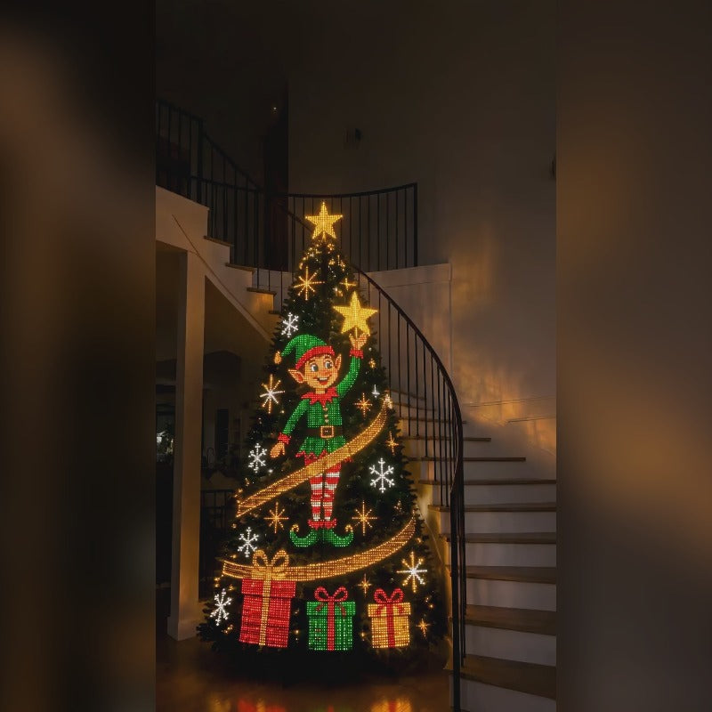 A dark Christmas tree indoors with animated LED light strands spelling out an elf holding a star, surrounded by snowflakes, stars and gift boxes, used as the cover