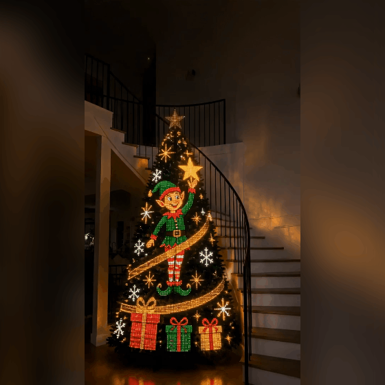 Animated picture: the elf design running on a lit Christmas tree in a stair hall, with the star, the snowflakes and the gifts glowing on
