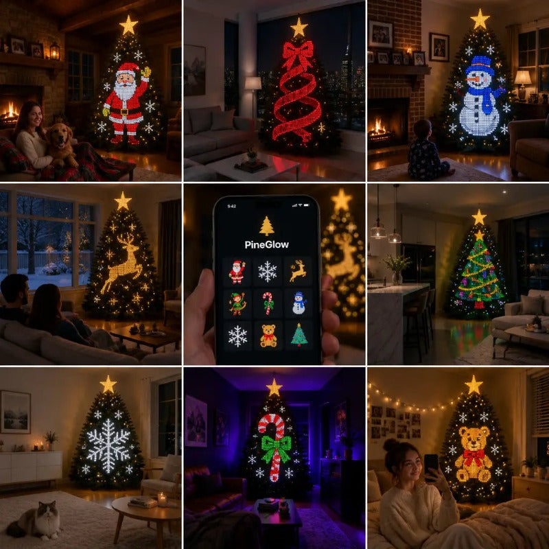 A nine panel grid of the same tree showing different designs: Santa Claus, a red bow, a snowman, a reindeer, a candy cane, a Christmas tree, a snowflake, a teddy bear, with a phone in the middle holding the design picker