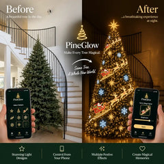 Before and after: the same unlit tree in daylight on the left and the same tree at night with the sleigh design lit on the right, each side held up by a phone