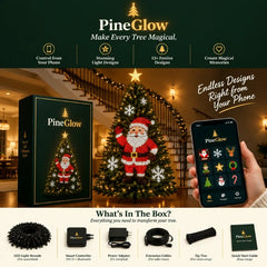 The gift box, the tree lit with the Santa design and the app on a phone, above what is in the box: light strands, smart controller, power adapter, extension cables, zip ties and a quick start guide