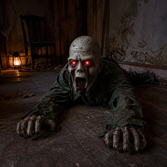 A crawling zombie prop on the floor of a dark room, hands forward and eyes glowing red, used as the cover