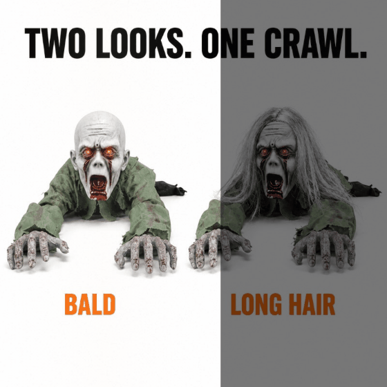 Animated picture: a light sweep across the two looks panel, the bald head and the long haired head of the same crawling zombie