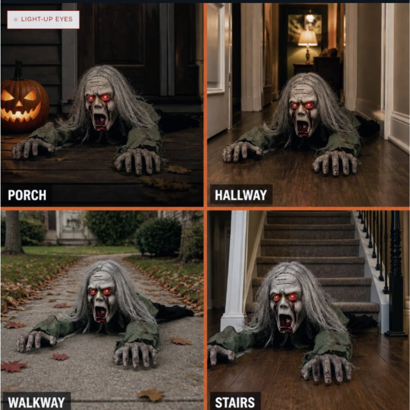 The four places this crawling zombie is set up: porch, hallway, walkway and stairs