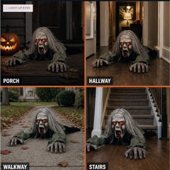 The four places this crawling zombie is set up: porch, hallway, walkway and stairs