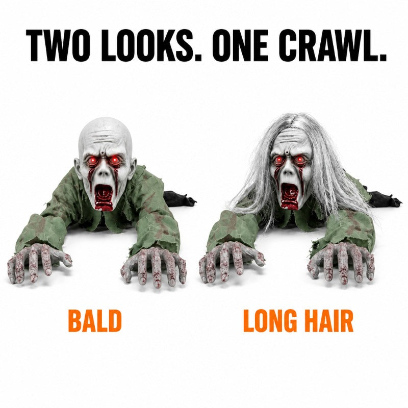 The two looks panel, headed two looks one crawl: the same crawling zombie with a bald head and with long hair