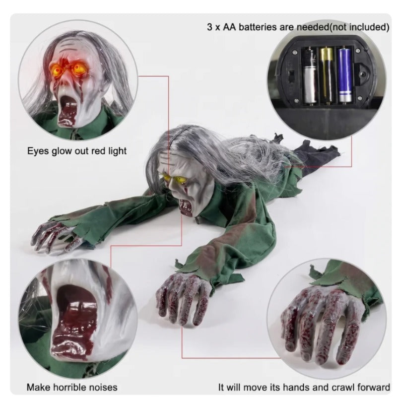 Three AA batteries beside the battery compartment of the crawling zombie, marked as required and not included