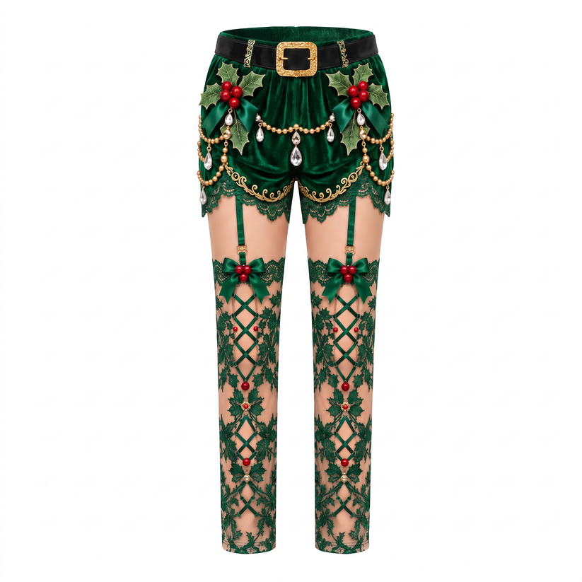 Naughty & Nice Christmas Leggings – 3D Faux Fur, Velvet Bow & Lace Stocking Print, High Waist Holiday Tights