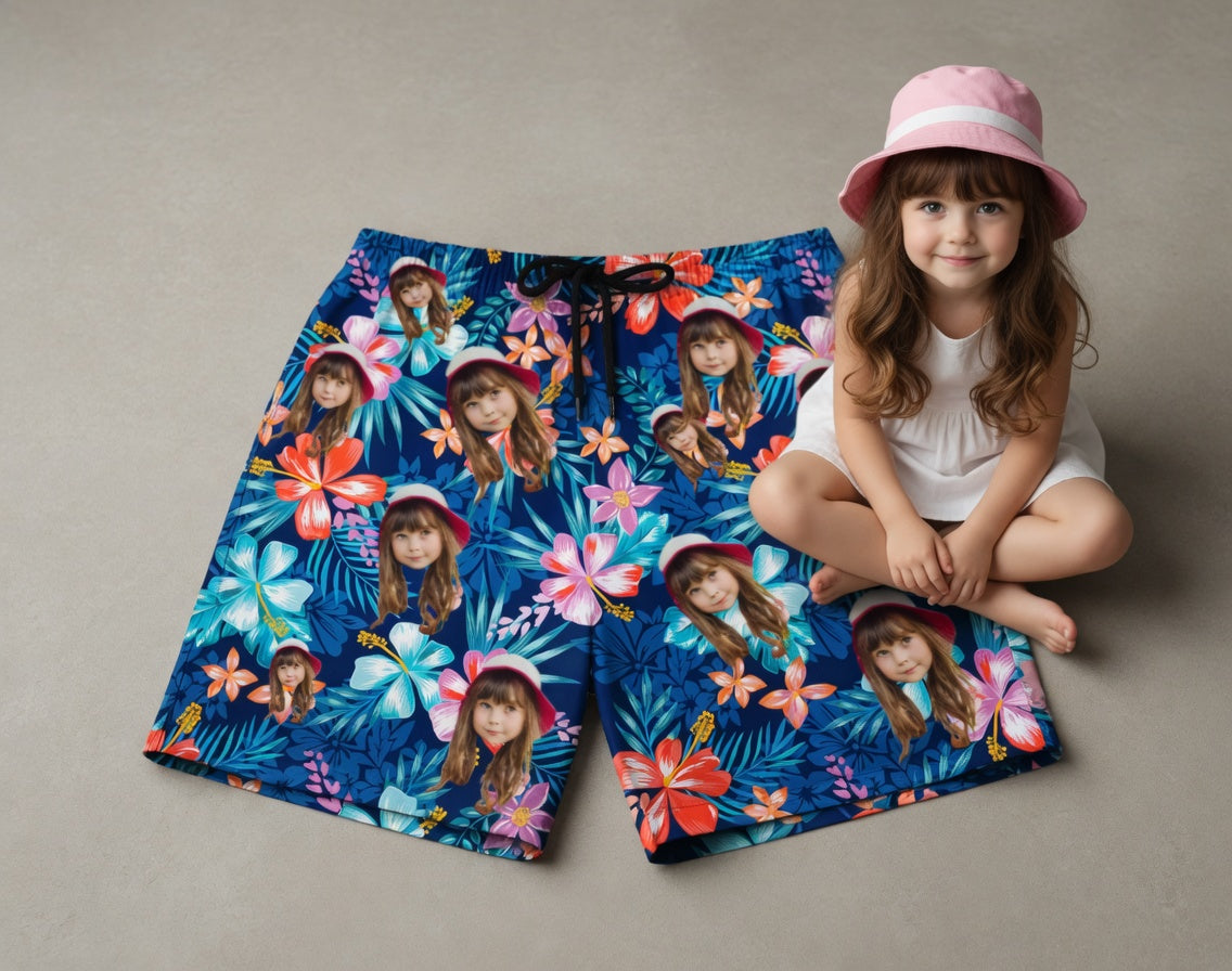 Custom Photo Hawaiian Shorts – Personalized Sunset Orange Floral & Palm Leaf Shorts – Unique DIY Coastal Vacation Swimwear