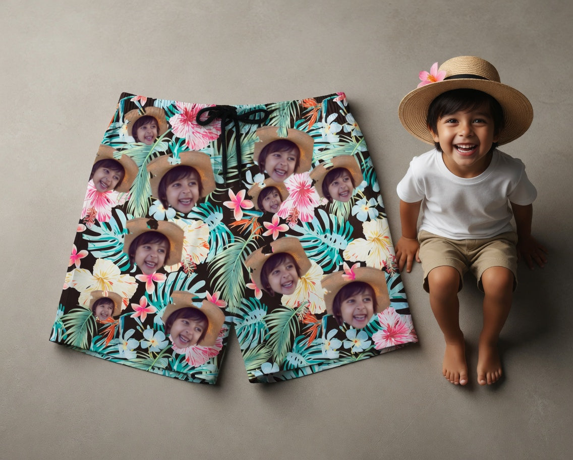 Custom Photo Hawaiian Shorts – Personalized Blue Orchid & Lush Monstera Leaf Shorts – Unique DIY Tropical Island Holiday Gift