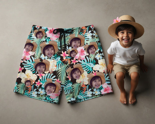 Custom Photo Hawaiian Shorts – Personalized Blue Orchid & Lush Monstera Leaf Shorts – Unique DIY Tropical Island Holiday Gift