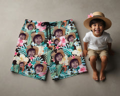 Custom Photo Hawaiian Shorts – Personalized Blue Orchid & Lush Monstera Leaf Shorts – Unique DIY Tropical Island Holiday Gift