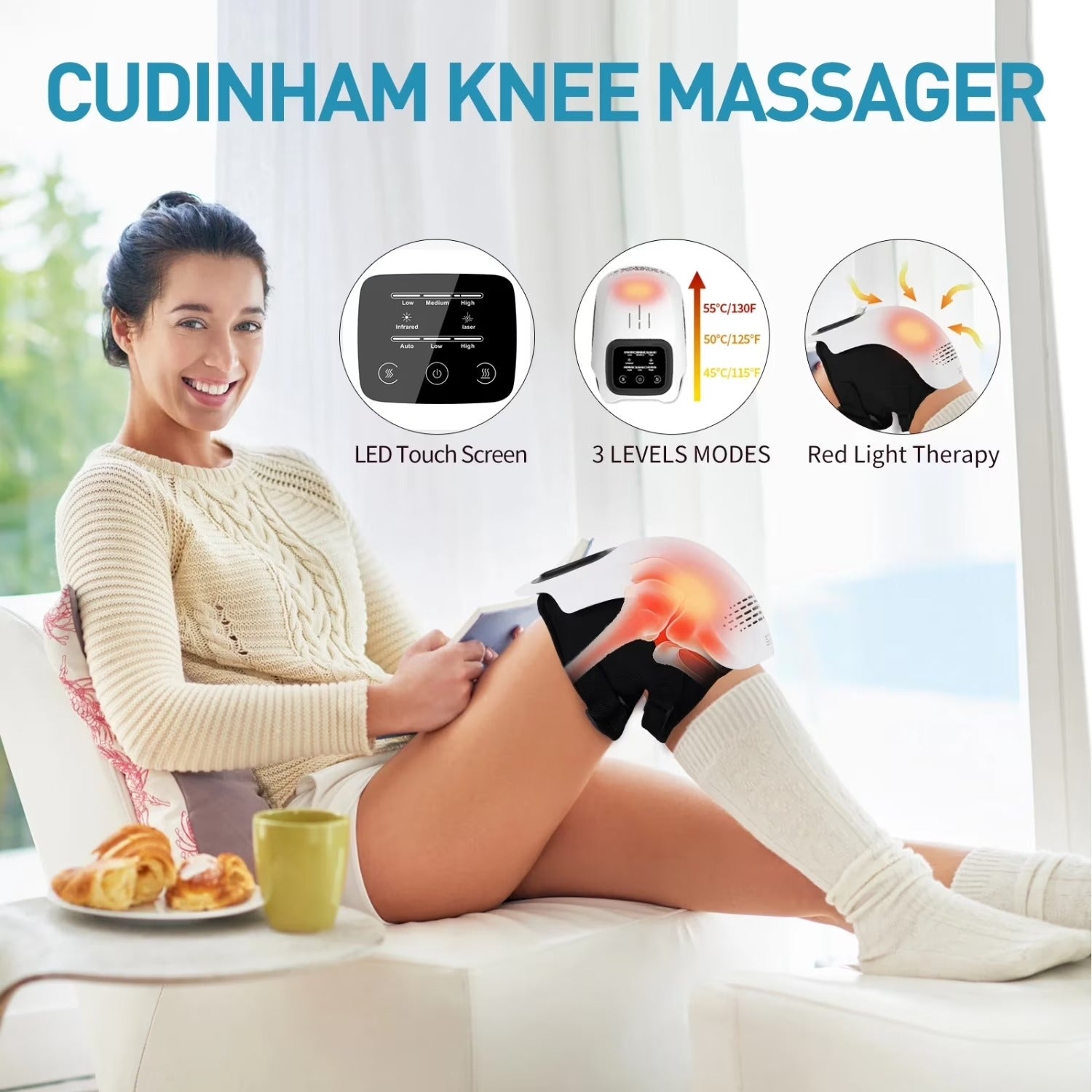 Cordless Knee Massager with Heat, 3 Heating & Vibration Modes, Adjustable Strap, Large LED Screen, Ideal Gift for Grandma & Grandpa